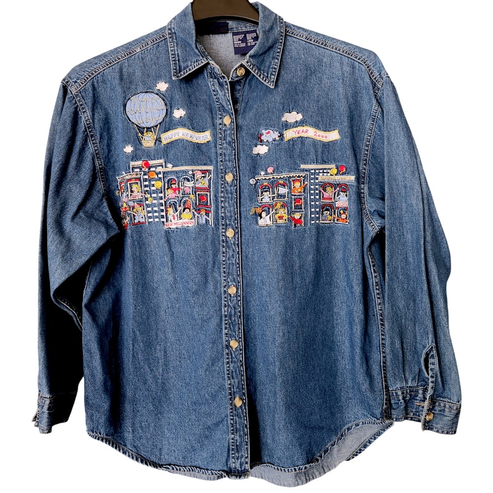 Vintage Y2K Embroidered Denim Chambray Button Up Shirt Top L Happy new year 2000